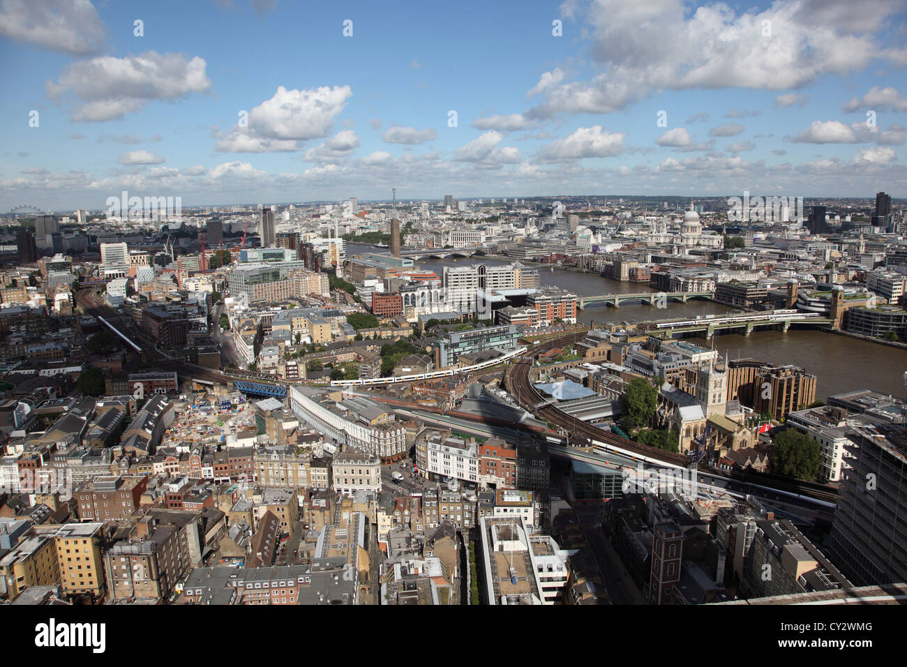 Aerial view of London from the top of Guy's Hospital, adjacent to the Shard. Shows River Thames, Bermondsey and Southwark. Stock Photo