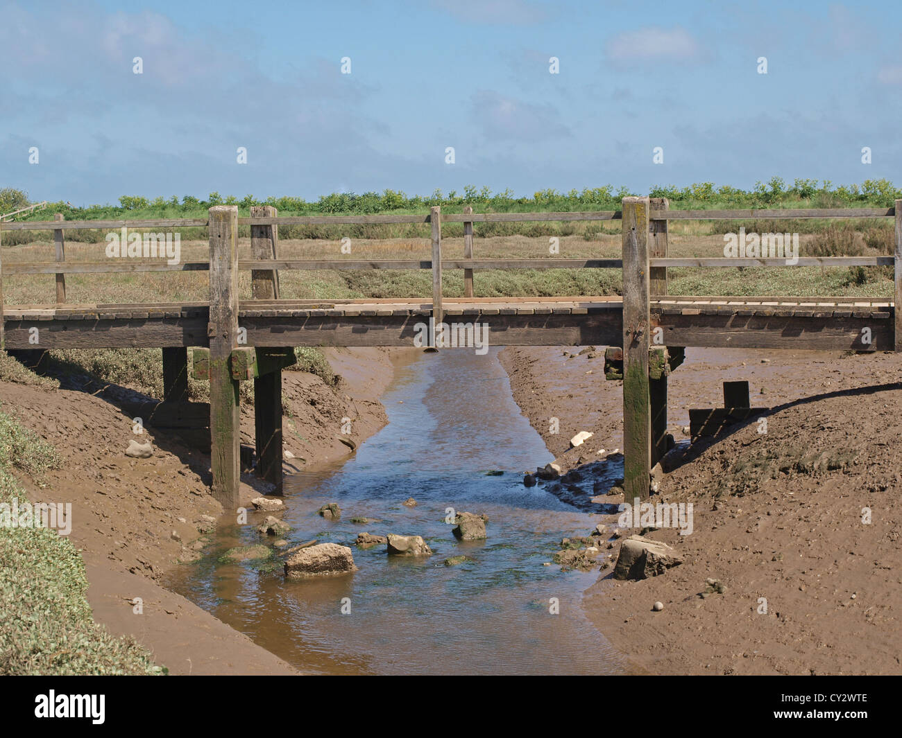 The low tide under this old wooden bridge on the salt marshes at Blakeney has exposed a maze of channels and mudflats. Stock Photo