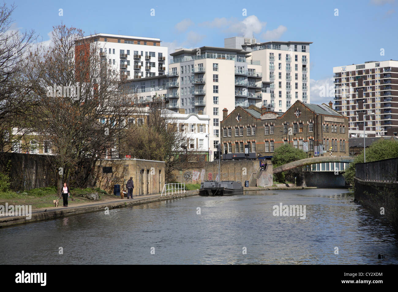 Regents Canal in Hackney, Central London. Modern residential development in background Stock Photo
