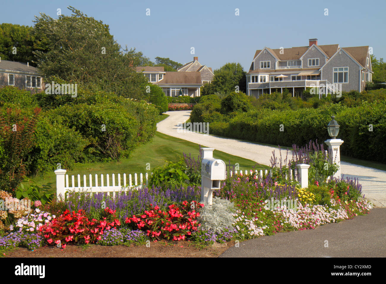 Cape Cod Massachusetts,Chatham,Stage Harbor Road,house home houses homes residence,home,house home houses homes residence entrance,driveway,mansion,fl Stock Photo