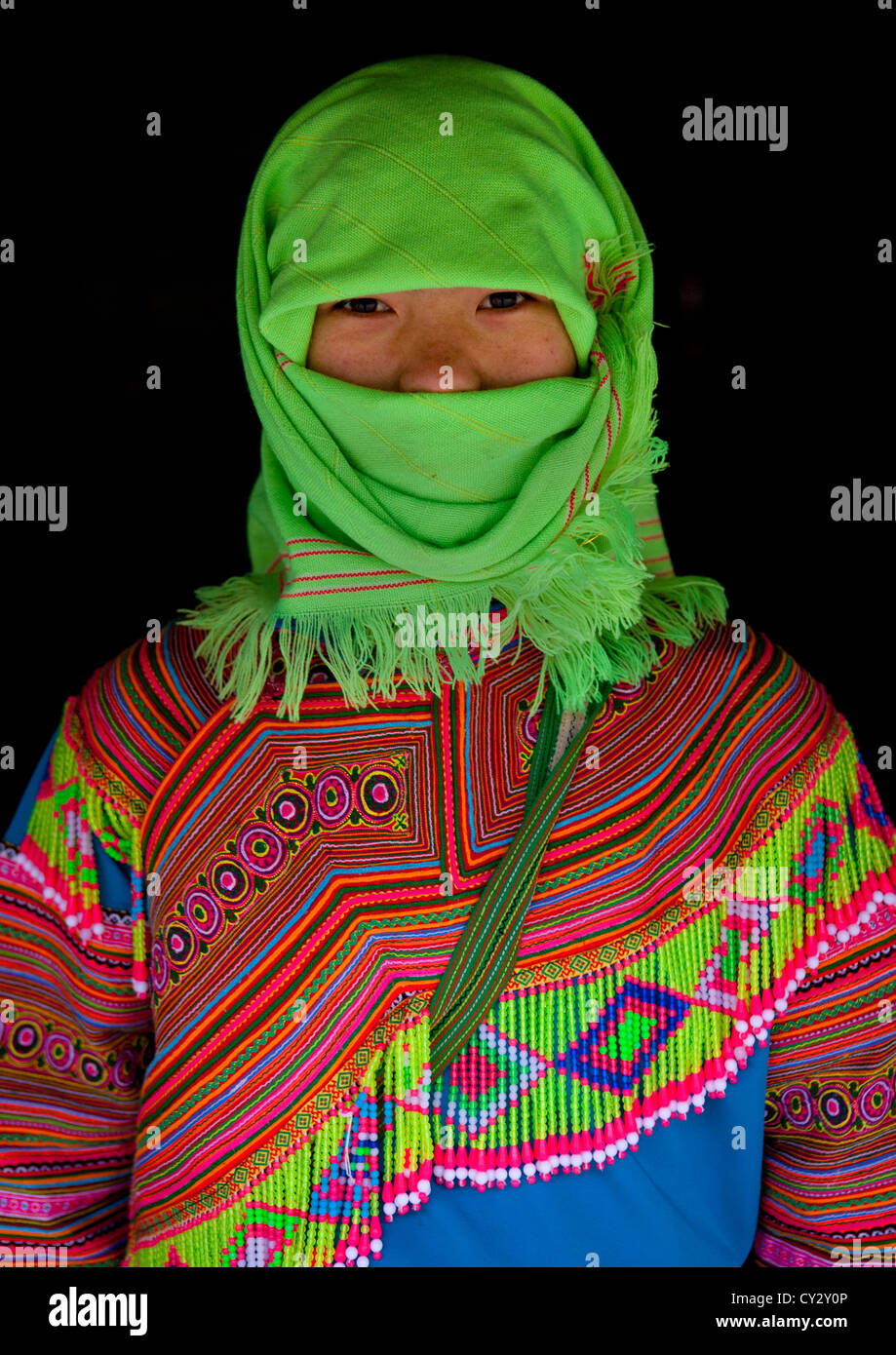 Veiled Flower Hmong Girl, Sapa, Vietnam Stock Photo