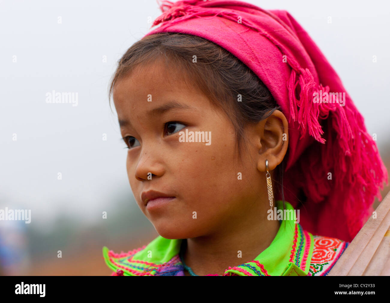 Flower Hmong Young Girl With Pink Headscarf, Sapa, Vietnam Stock Photo