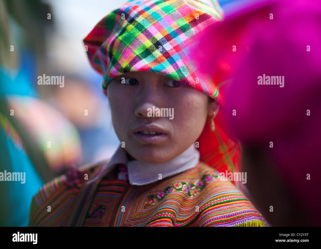 Flower Hmong Woman With A Headscarf, Sapa, Vietnam Stock Photo
