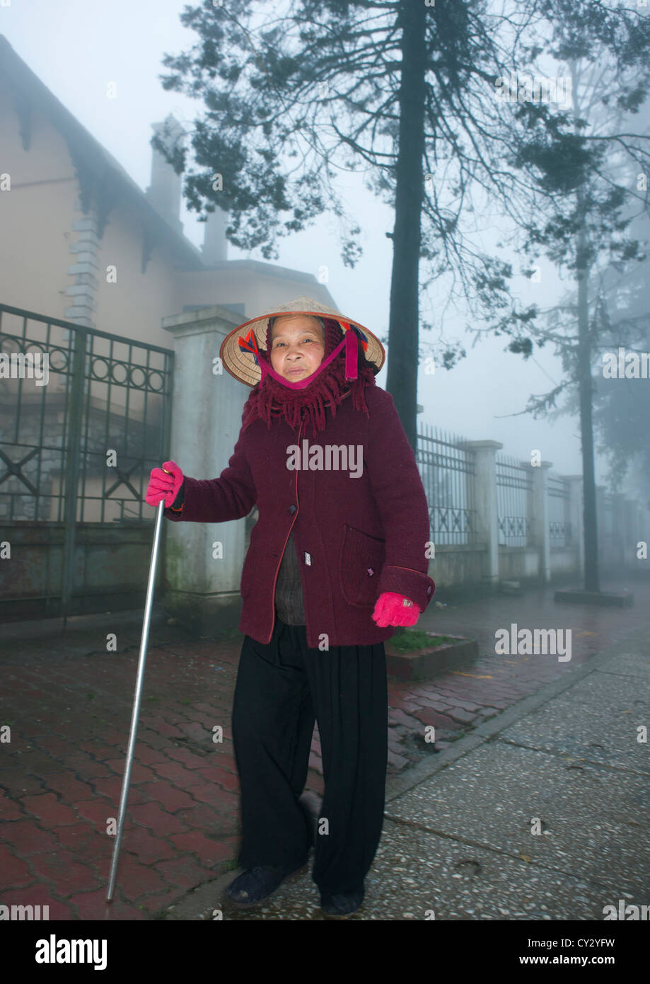 Old Woman With A Walking Stick In The Streets Of Sapa, Vietnam Stock Photo