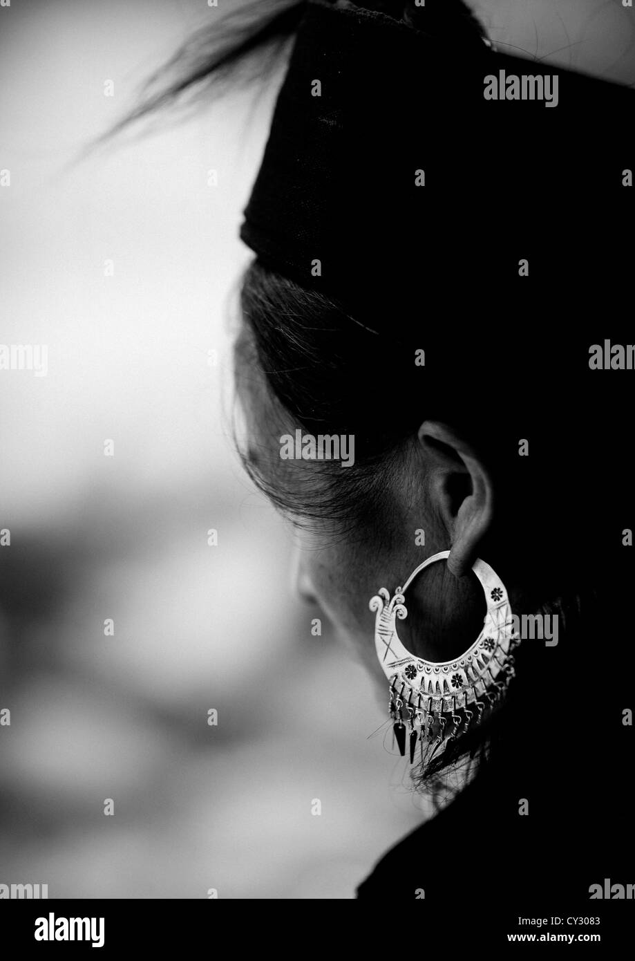 Black Hmong Woman Wearing A Big Earring, Sapa, Vietnam Stock Photo