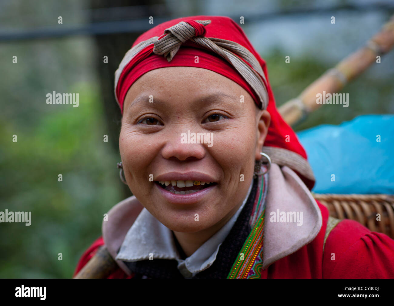 Red Dzao Woman With A Red Headscarf, Sapa, Vietnam Stock Photo