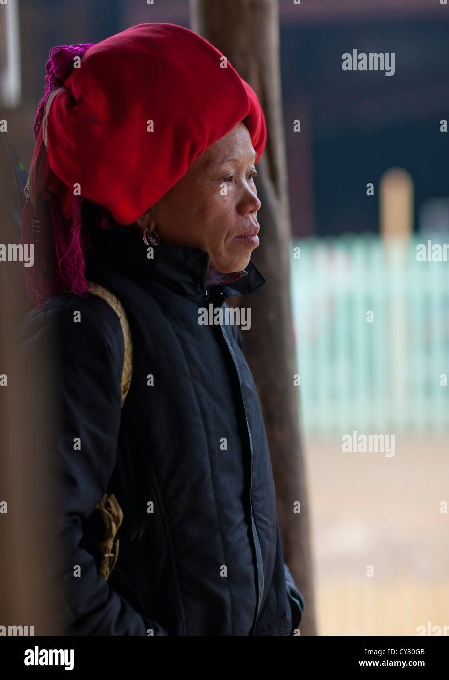 Red Dzao Woman With A Red Headgear, Sapa, Vietnam Stock Photo