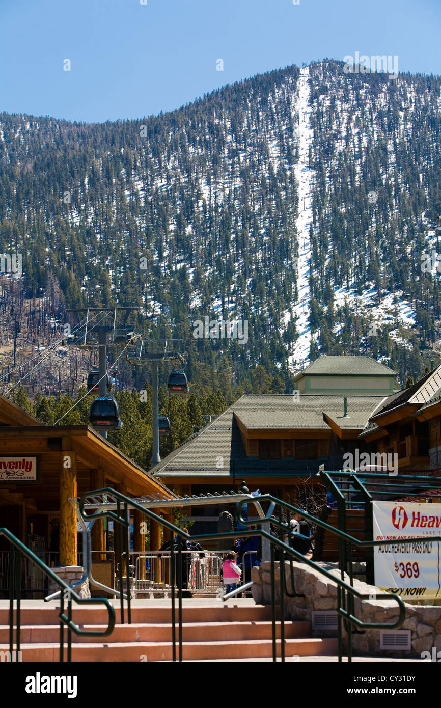 Heavenly Valley Gondola terminal at Lake Tahoe, California in the spring with the ski slopes in