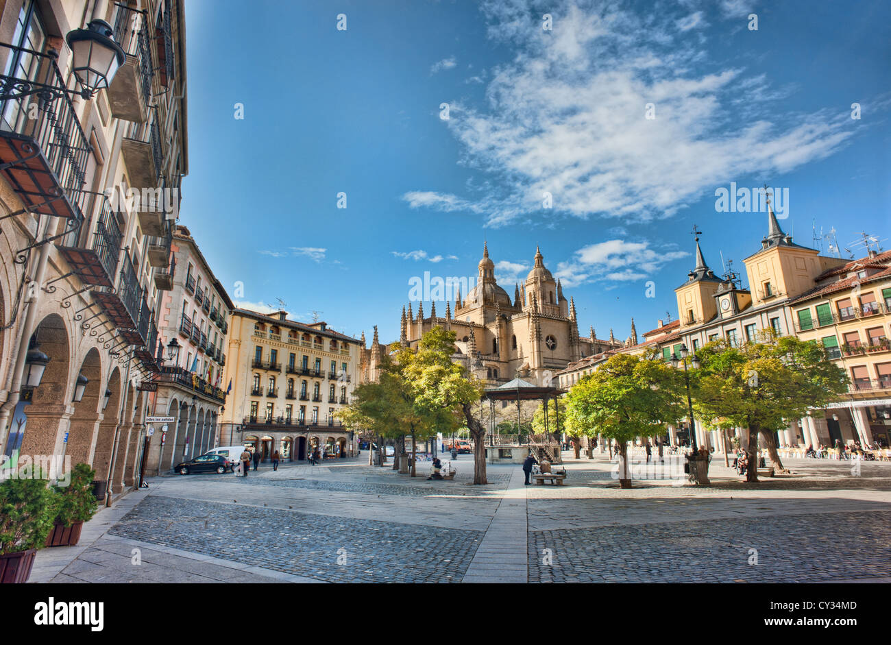 The main square in the old city of Segovia in northern Spain with the Gothic cathedral in the background. Stock Photo