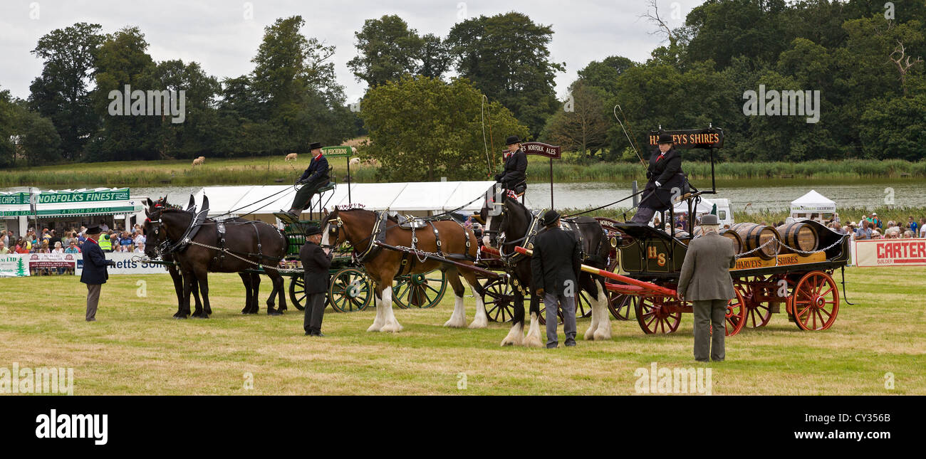 Working trade horse-drawn carriage entrants in the show ring at the Aylsham agricultural show, Norfolk, UK. Stock Photo