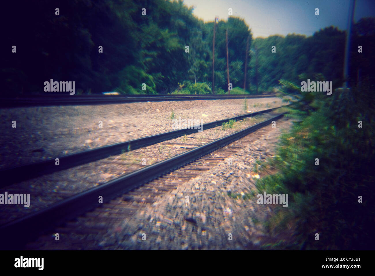 Suburban train tracks taken with a Diana camera Stock Photo