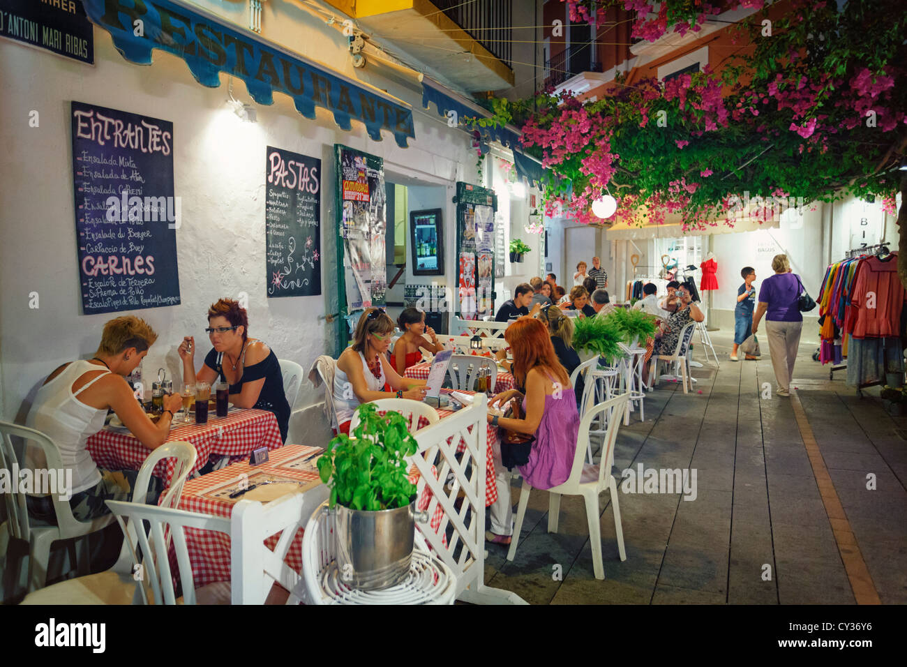 Spain, Balearic Islands, Ibiza, Old town (Dalt Vila), outdoor restaurants Stock Photo