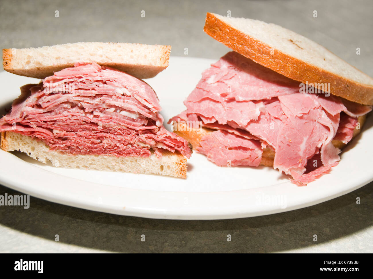 combination corned beef tongue sandwich on Jewish rye bread at kosher