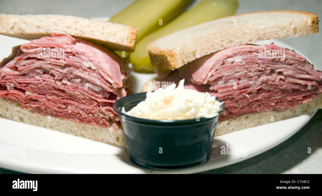 combination corned beef and tongue sandwich on Jewish rye bread at
