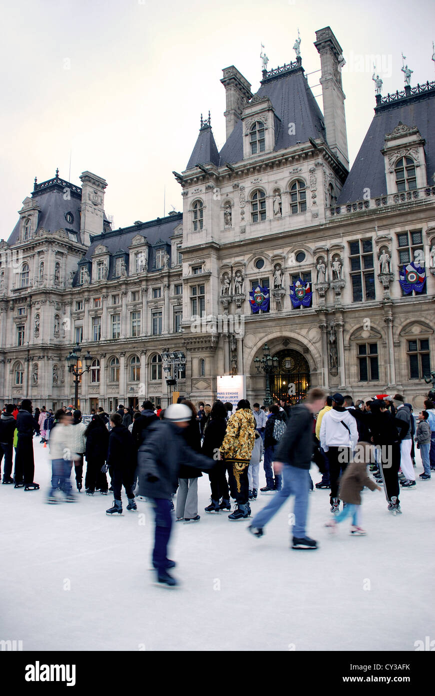 Ice skating in front of the Hotel de Ville in Paris ,France Stock Photo