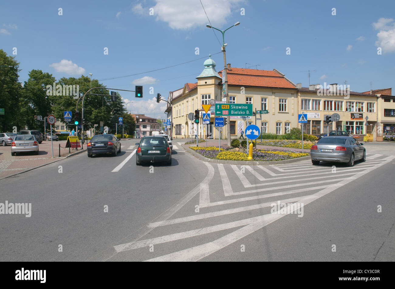 Kalwaria Zebrzydowska town centre traffic. Market Square crossroads. Stock Photo