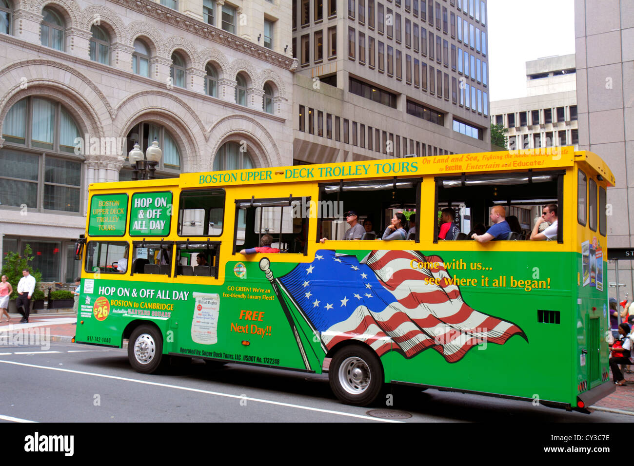 Boston Massachusetts,Washington Street,Boston Upper Deck Trolley Tours,bus,coach,downtown,MA120822069 Stock Photo