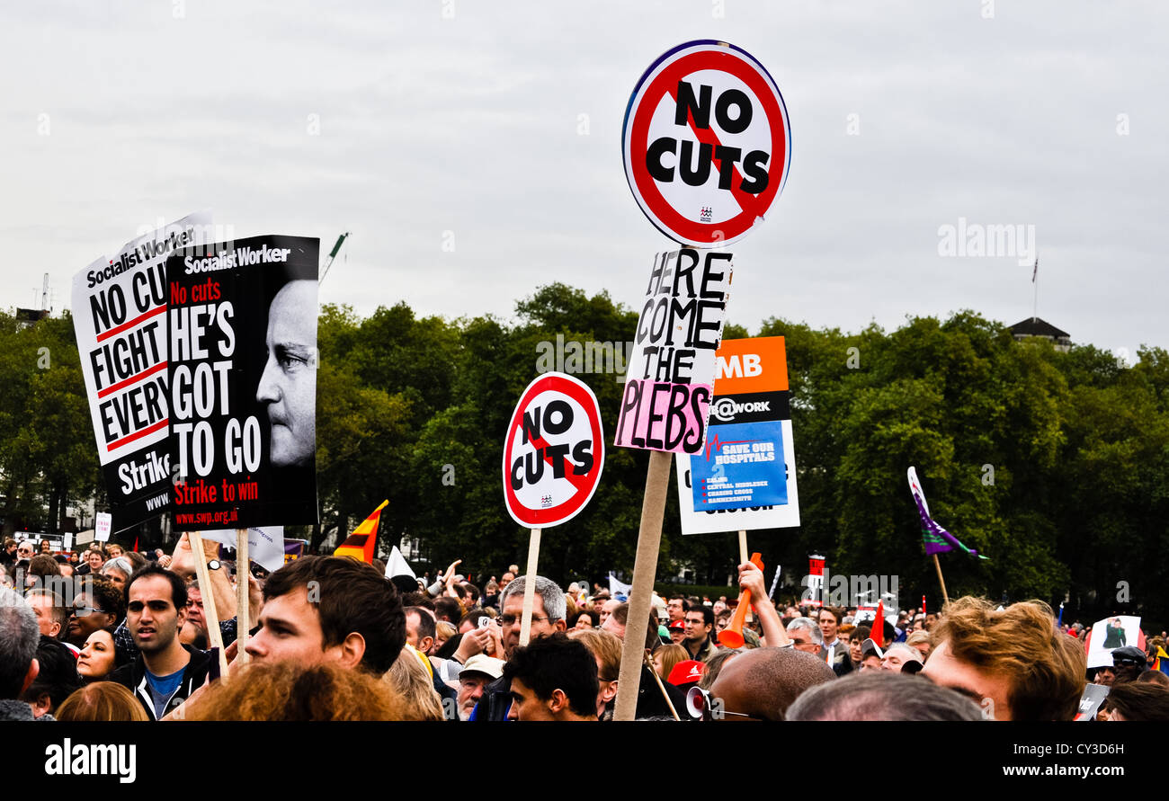 20/10/12 LONDON: Placards at the anti-cuts A Future That Works TUC rally in Hyde Park. Stock Photo