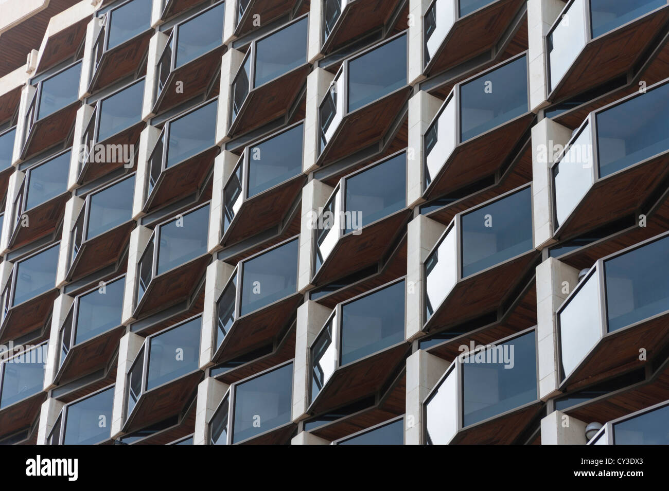 Glass balconies on the Hotel Cristina Las Palmas Gran Canaria Canary Islands Spain - a modern tower block Stock Photo