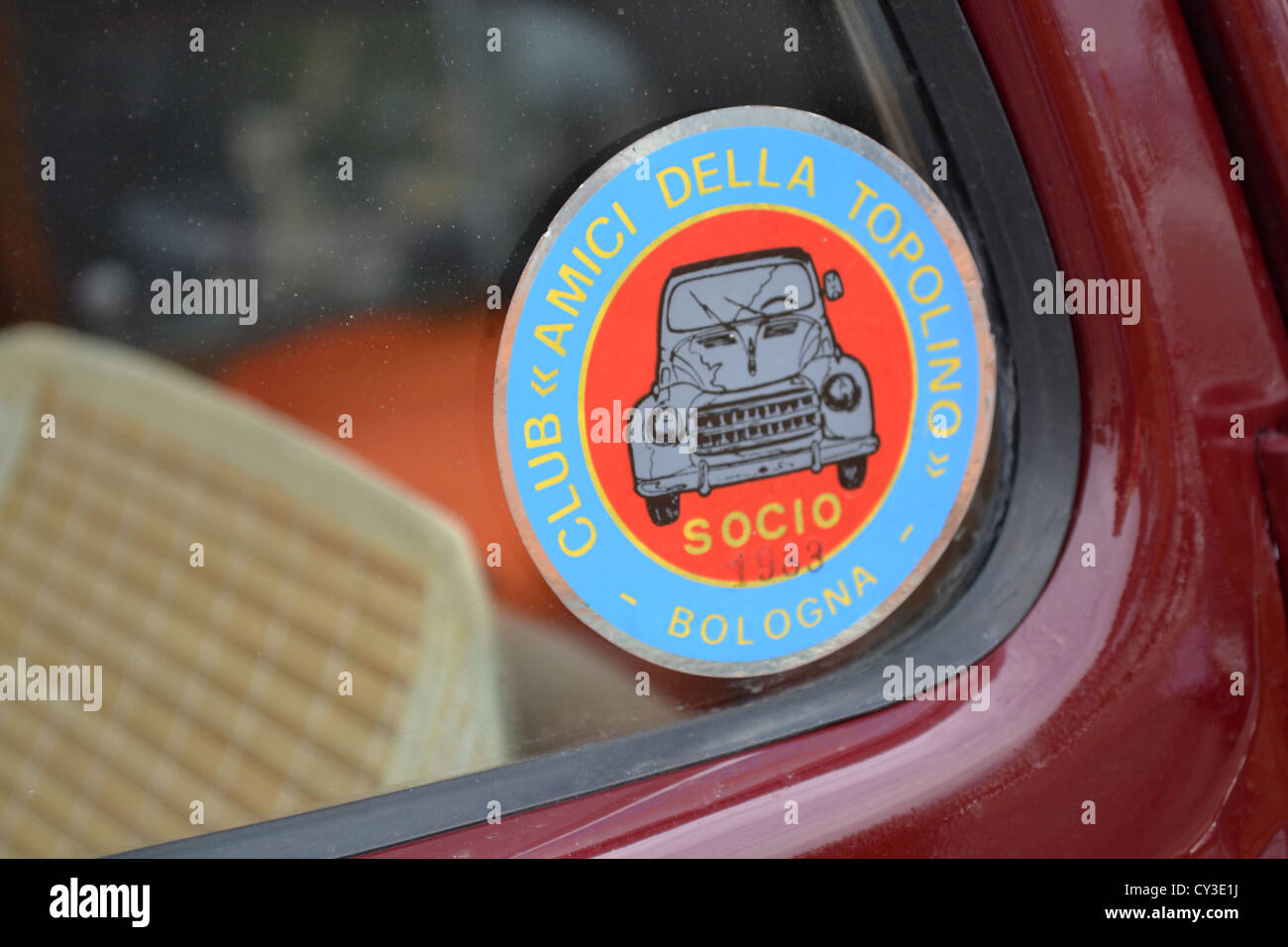 Fiat Topolino Car club sticker at vintage car rally, Sirmione, Brescia, Lombardy, North Italy. Stock Photo