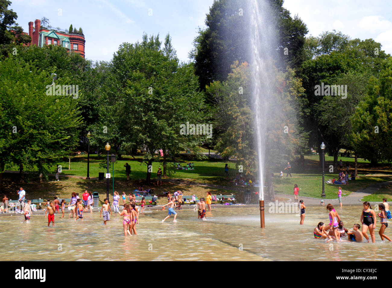 Boston Massachusetts,Boston Common,public park,Frog Pond,fountain,water,families,summeractivity,children,playing,MA120823019 Stock Photo