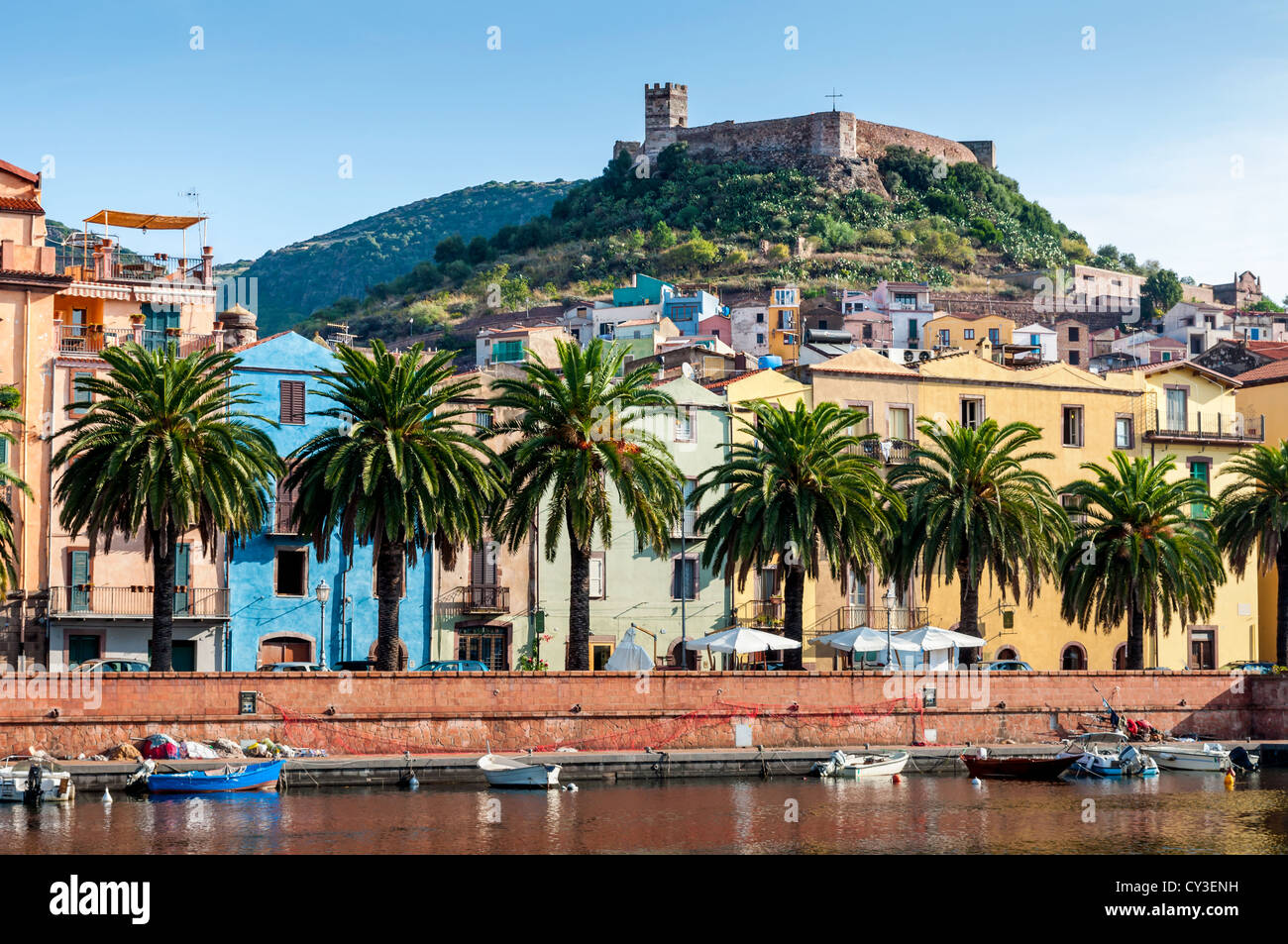 View of the river, the town of Bosa and the old fort on the island of Sardinia in Italy Stock Photo