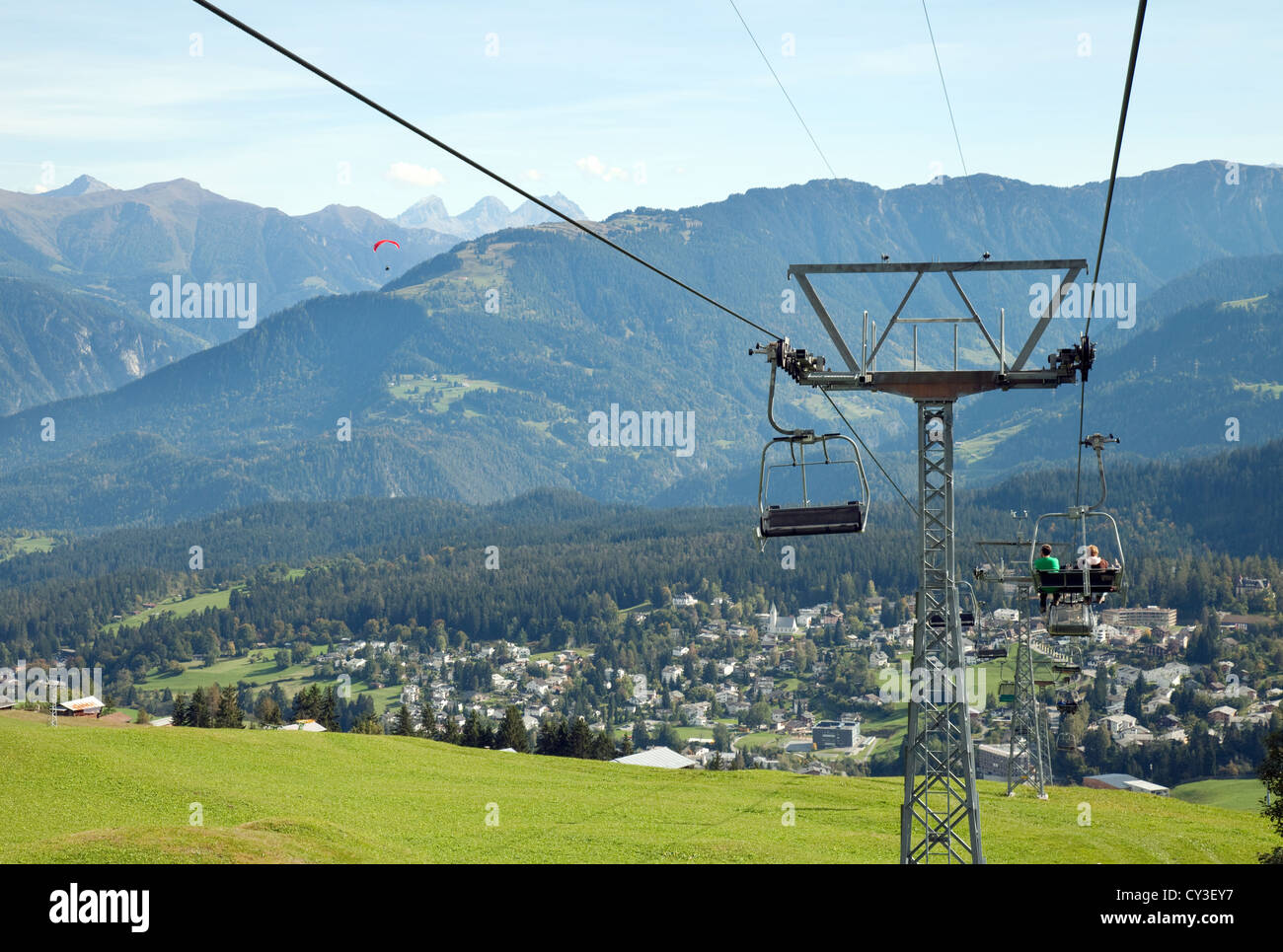 The Swiss mountain village town of Flims seen from the skilift in autumn, Flims Graubunden Switzerland Stock Photo
