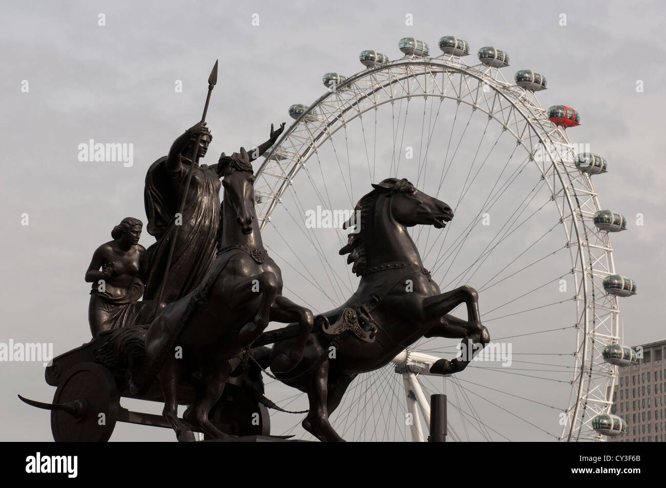 Boudica Statue with the London Eye in the background, Westminster Bridge, London Stock Photo