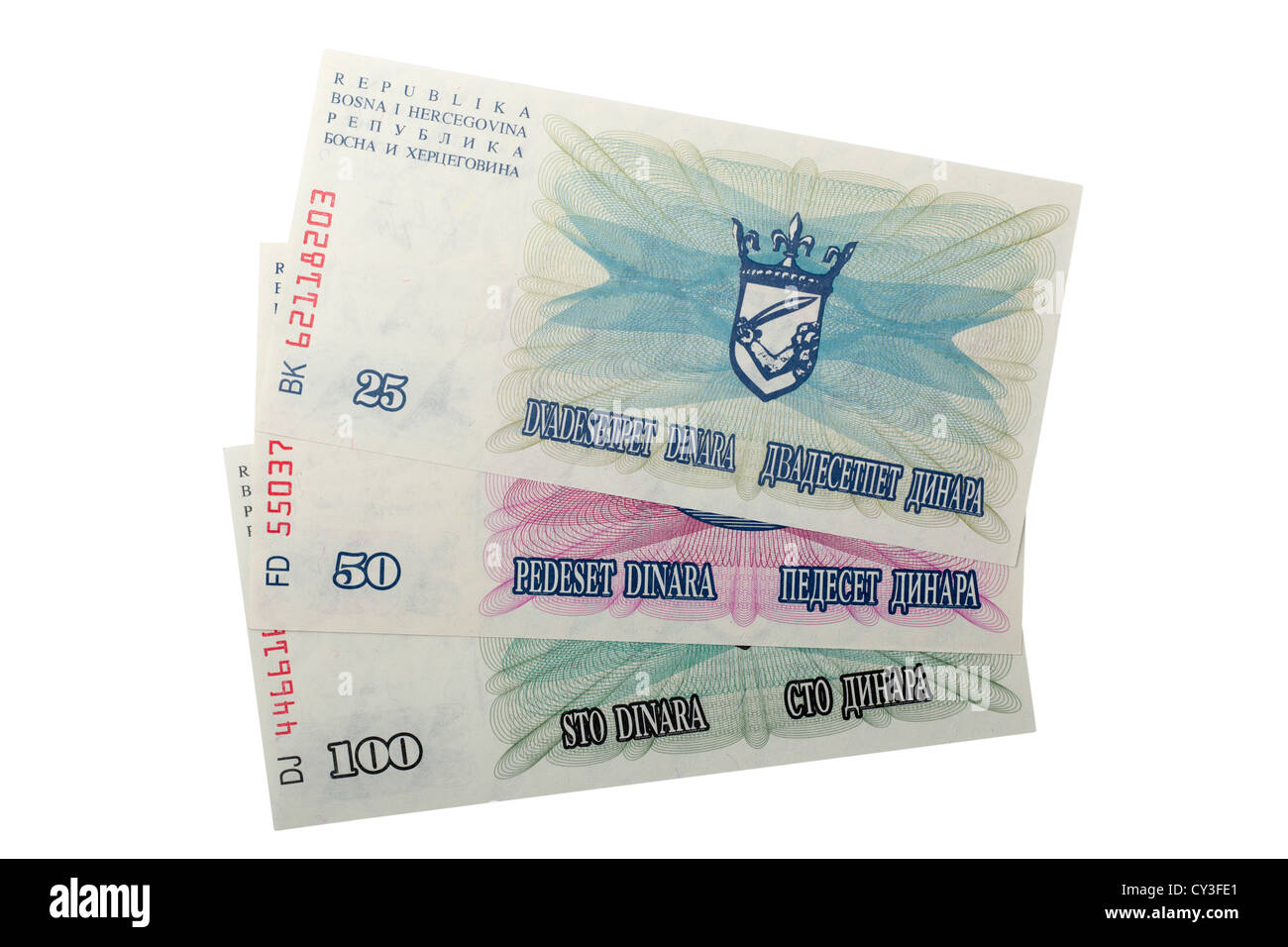 Bosnia Herzegovina 25 50 100 Dinara banknotes Stock Photo