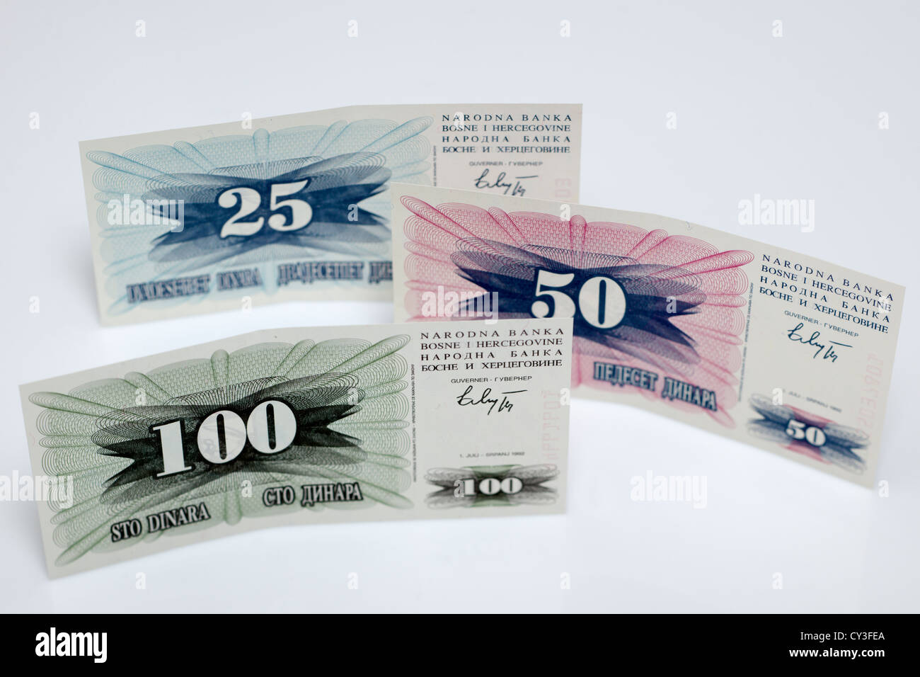 Bosnia Herzegovina 25 50 100 Dinara banknotes Stock Photo