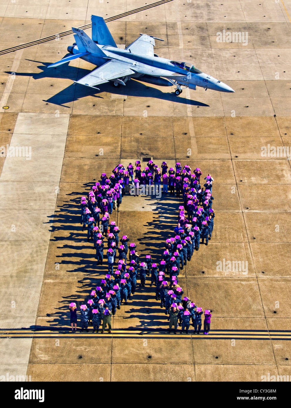 Approximately 150 active duty and civilian volunteers form a purple ribbon, the symbol for domestic violence awareness on the flightline at Naval Air Station Oceana in observance of domestic violence awareness month October 12, 2012 in Virginia Beach, Virginia. October has been National Domestic Violence Awareness Month since it evolved from the first Day of Unity observed in October 1981. Stock Photo