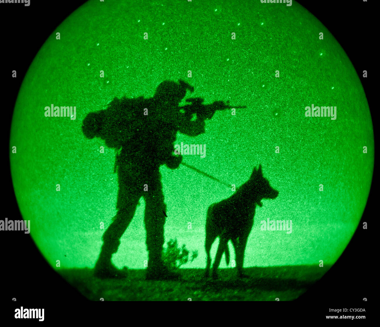 A US Army military working dog handler and his dog Kally take part in night operations training at the US Army Yuma Proving Ground September 24, 2012 in Yuma, Arizona. Stock Photo