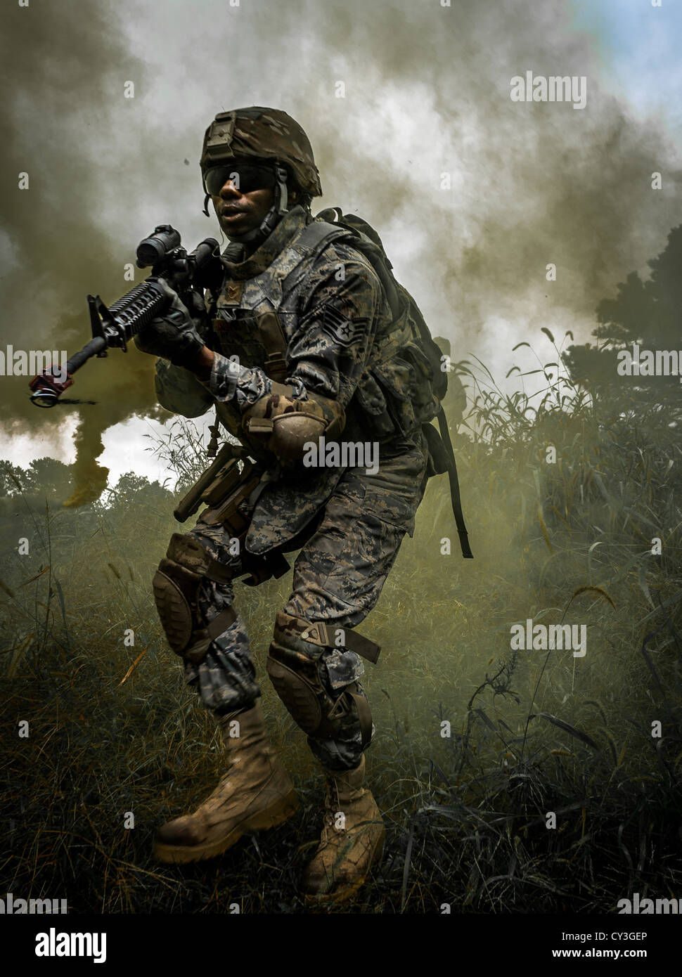 A US Army soldier participates in combat skills training September 23, 2012 at Ft. Dix, New Jersey for an upcoming deployment. Stock Photo