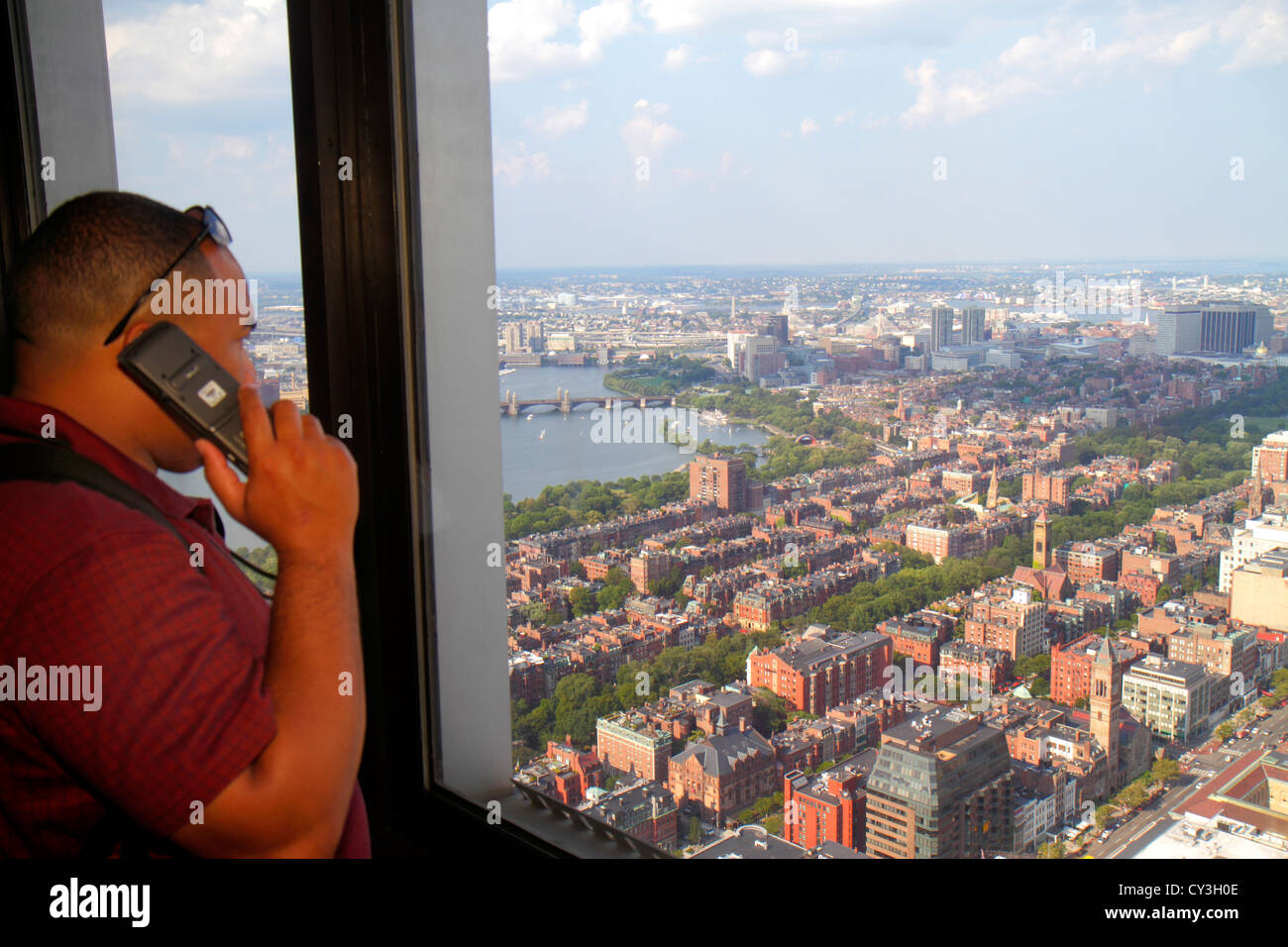 Boston Massachusetts,Prudential Center,Skywalk Observatory,aerial overhead view from above,panoramic view,East Cambridge,Back Bay,Charles River Basin, Stock Photo