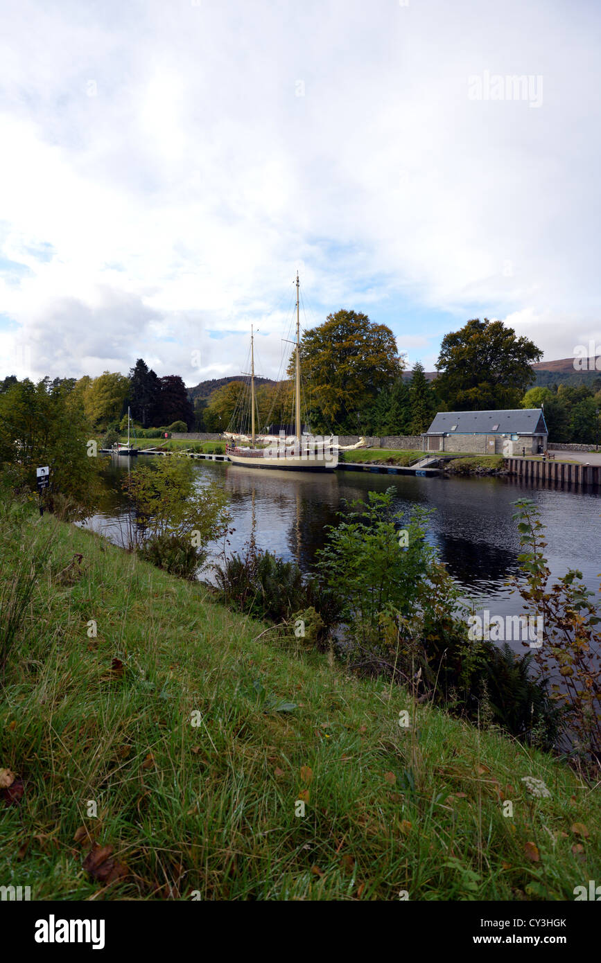 Tethered sail boat prior to entering Loch Ness from the Caledonian Canal Stock Photo