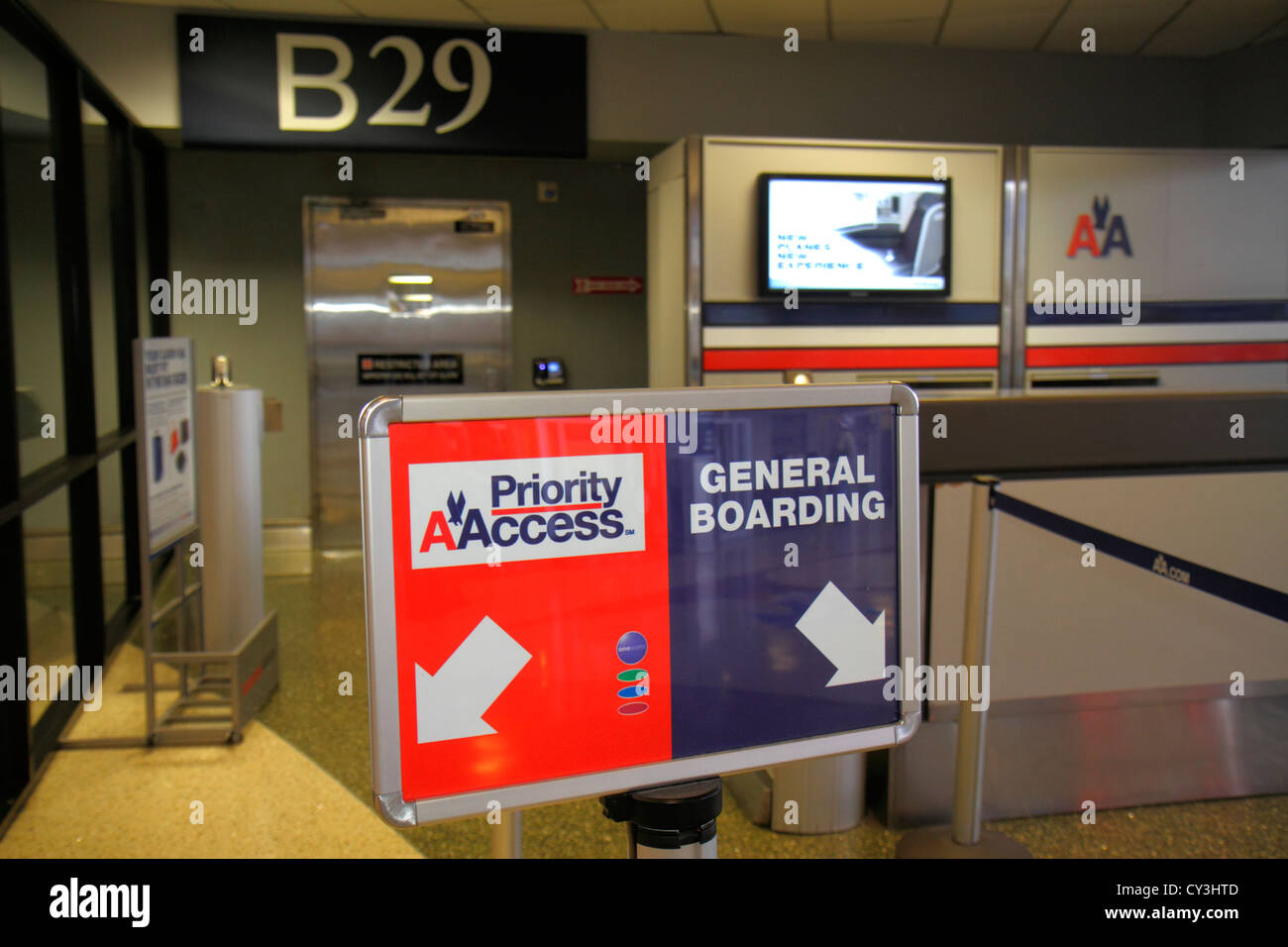 Boston Massachusetts,Logan International Airport,BOS,gate,sign,general boarding,priority,American Airlines,MA120827026 Stock Photo