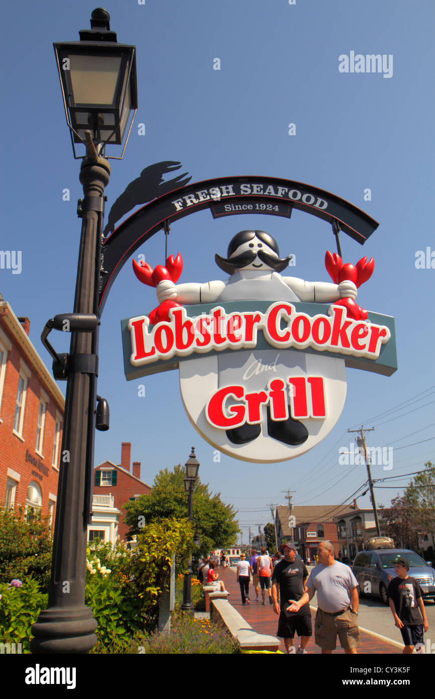 Maine Freeport,highway Route 1,Main Street,sign,Lobster Cooker Grill,restaurant restaurants food dining cafe cafes,seafood,lamppost,ME120826045 Stock Photo