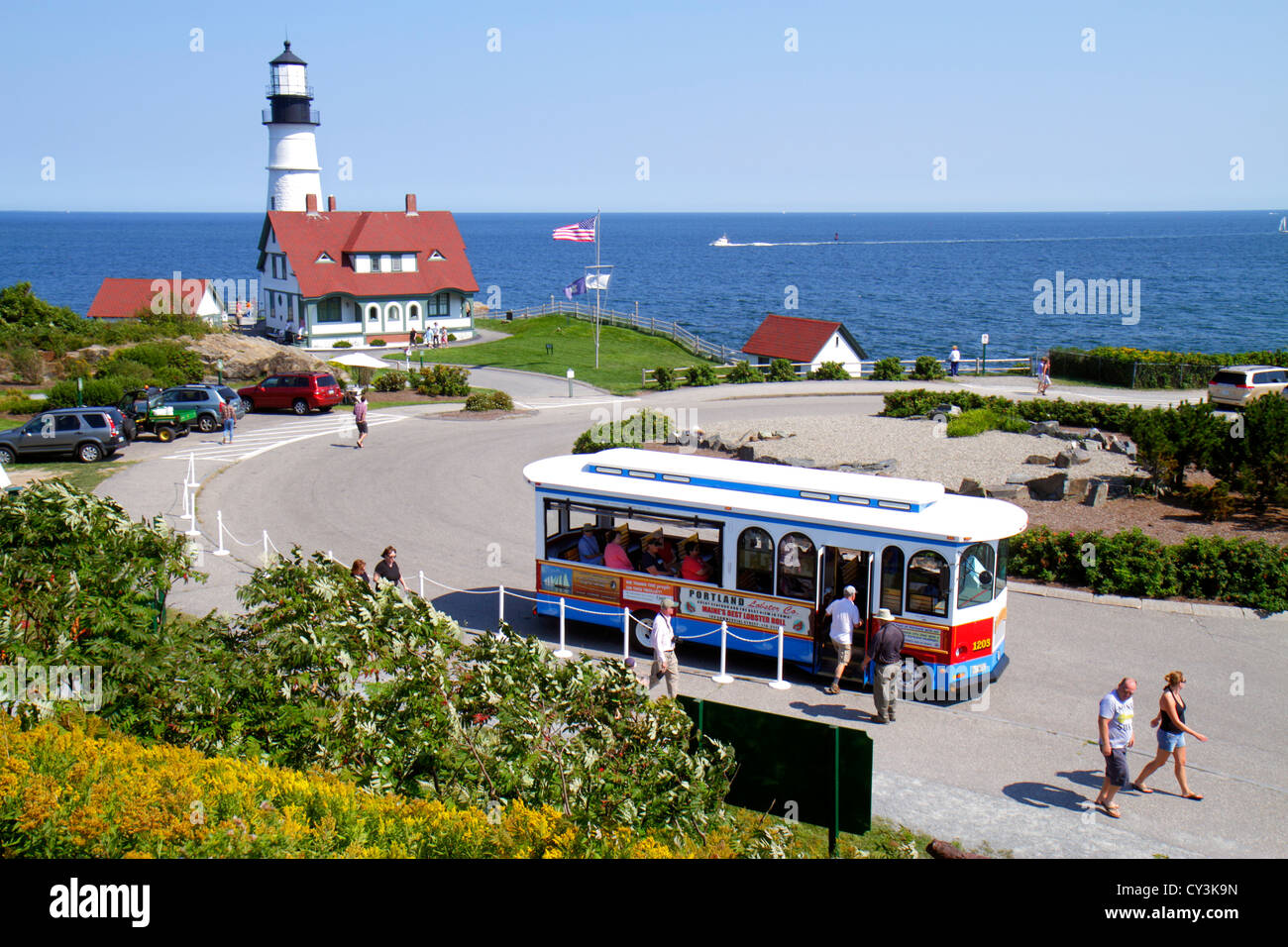Portland Maine,New England,Cape Elizabeth,Portland Head Light,lighthouse,Keeper's Quarters,Fort Ft. Williams Park,trolley,Casco Bay water,At Stock Photo