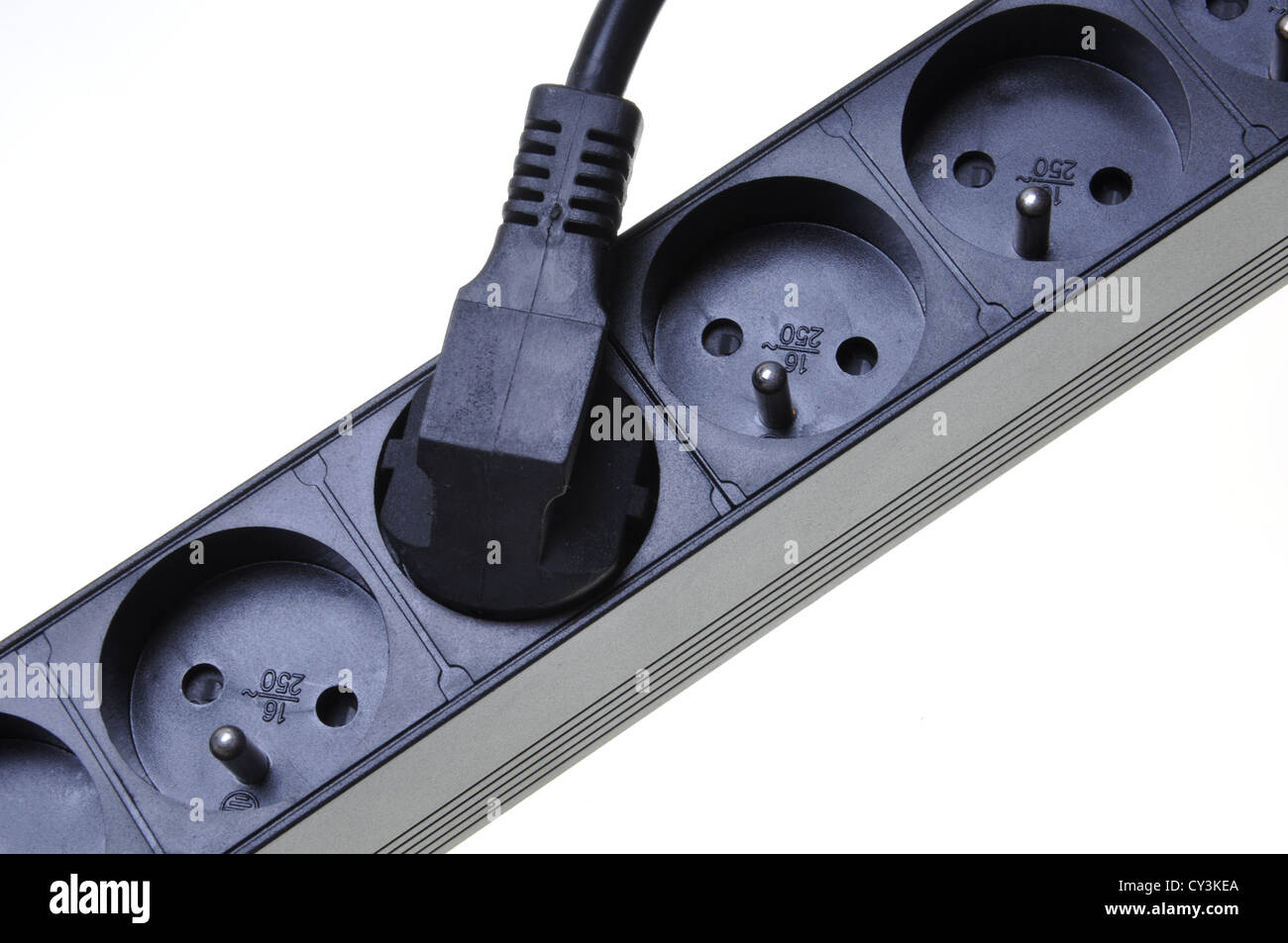 Black power strip with plug and cord isolated on white Stock Photo Alamy