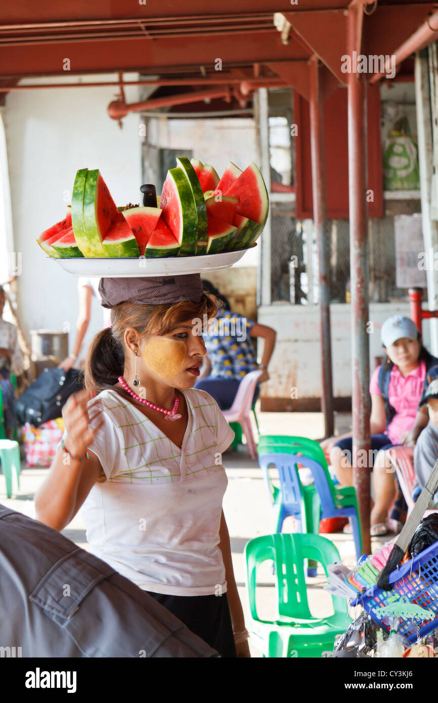 Sale of Water Melons on a Ferry Boat in Rangoon, Myanmar Stock Photo