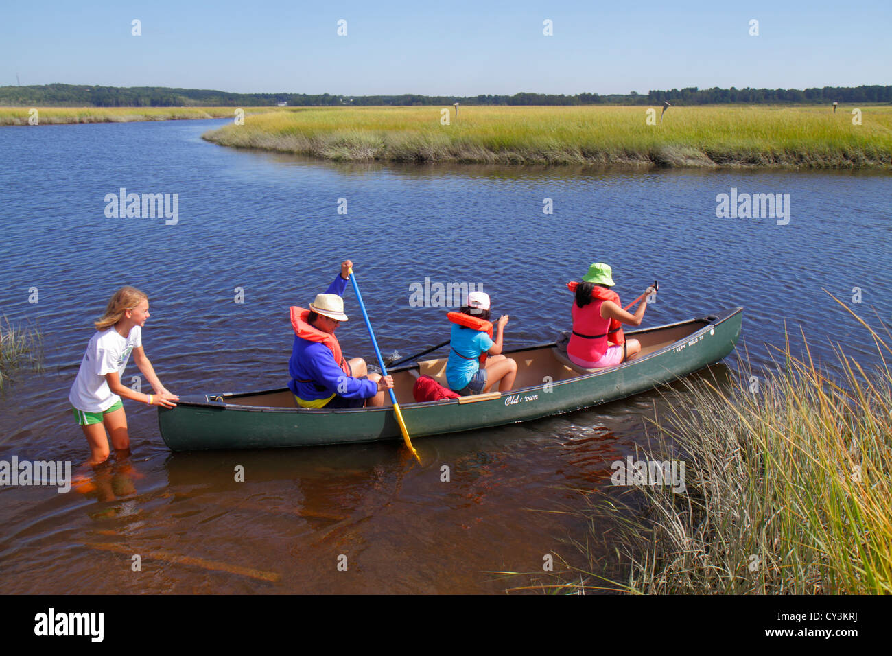 Maine,Northeast,New England,Scarborough,Scarborough Marsh Audubon Center and Nature Store,Dunstan River water,canoe,rental,salt water estuary,Asian As Stock Photo