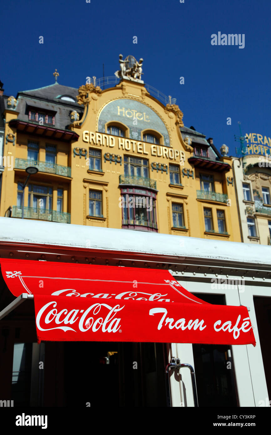 Grand Hotel Europa and the Tram Cafe in Wenceslas Square in Prague, Czech Republic Stock Photo