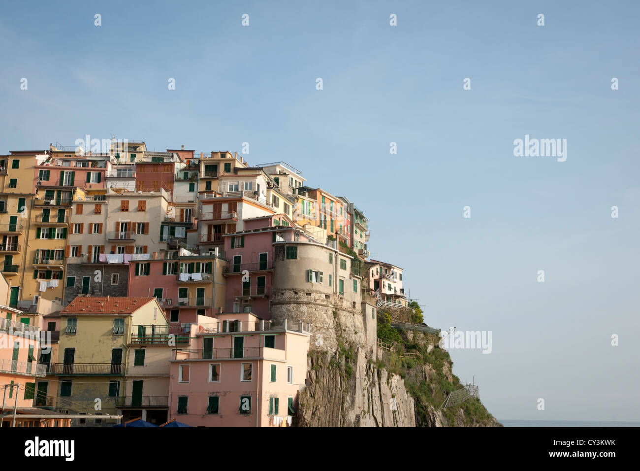 Manarola, Village homes built up the side of the valley in the Cinque