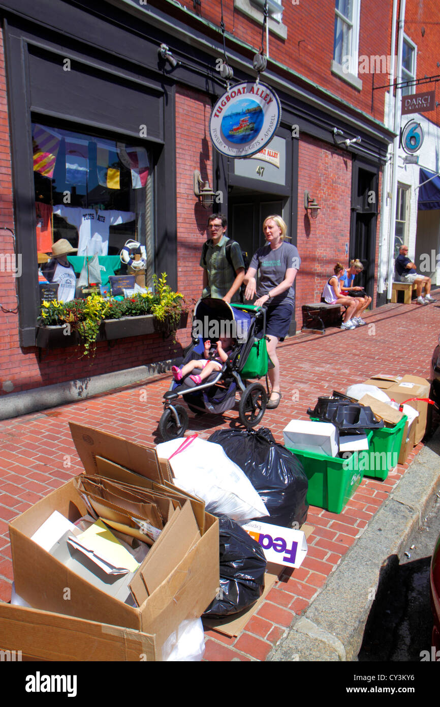 New Hampshire Portsmouth Bow Street businesses trash containers Stock