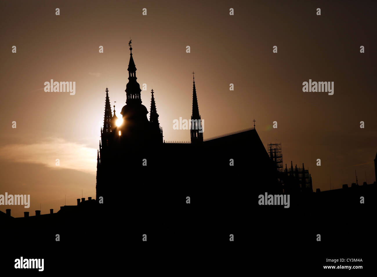 Silhouette of the St. Vitus Cathedral, Prague Castle, at sunset in Prague, Czech Republic Stock Photo