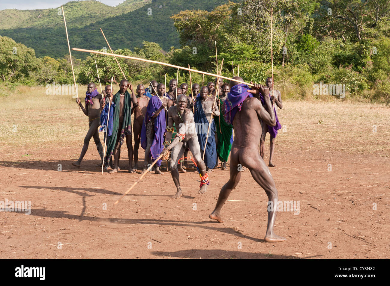 Donga stick fighters, Surma tribe, Tulgit, Omo river valley, Ethiopia Stock Photo