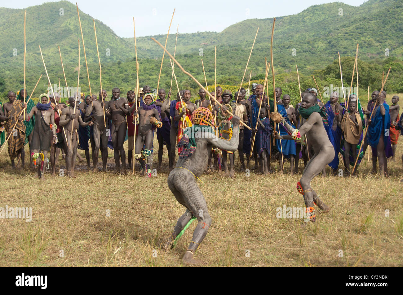 Donga stick fighters, Surma tribe, Tulgit, Omo river valley, Ethiopia Stock Photo