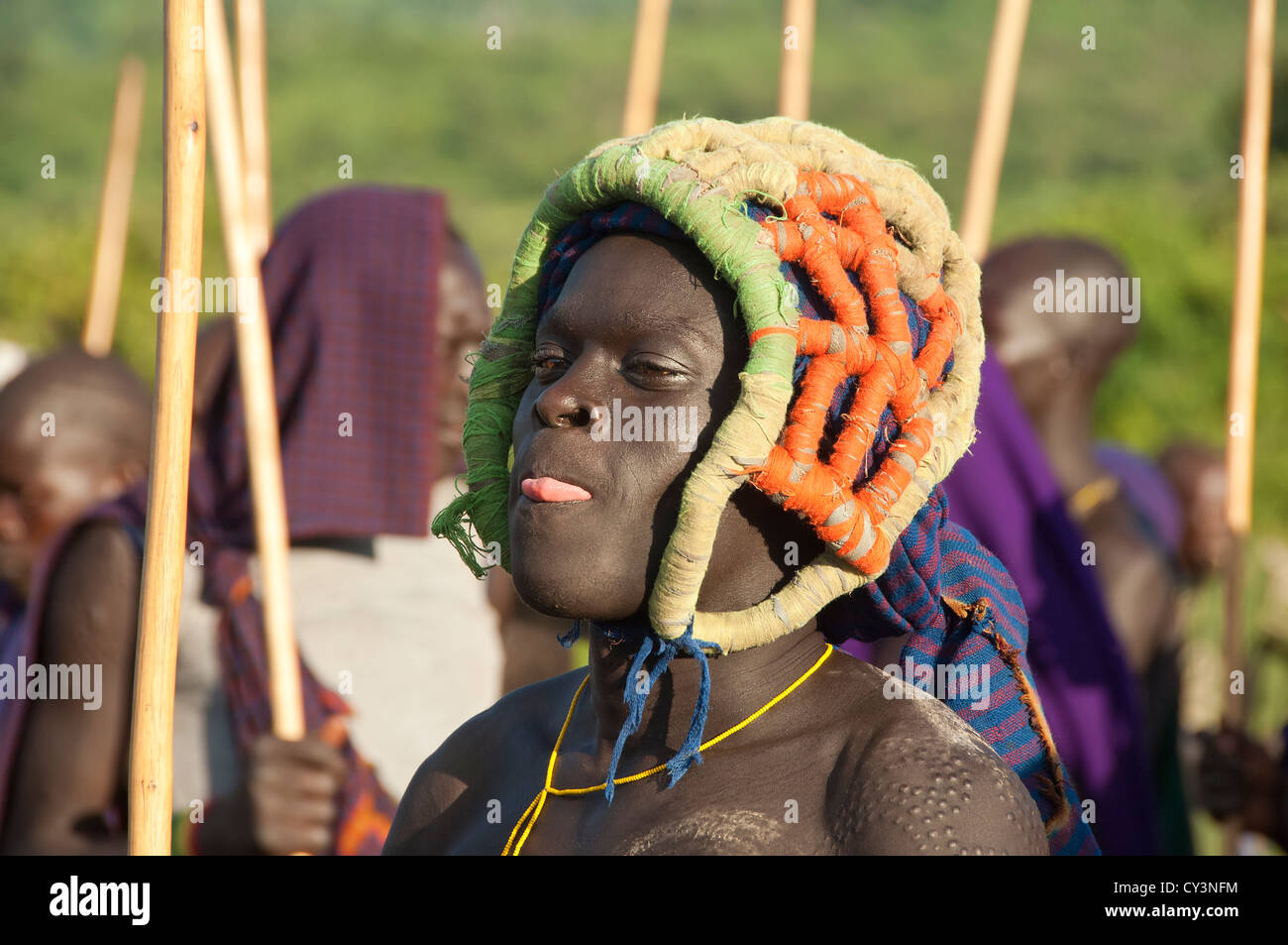 Donga stick fighter, Surma tribe, Tulgit, Omo river valley, Ethiopia Stock Photo