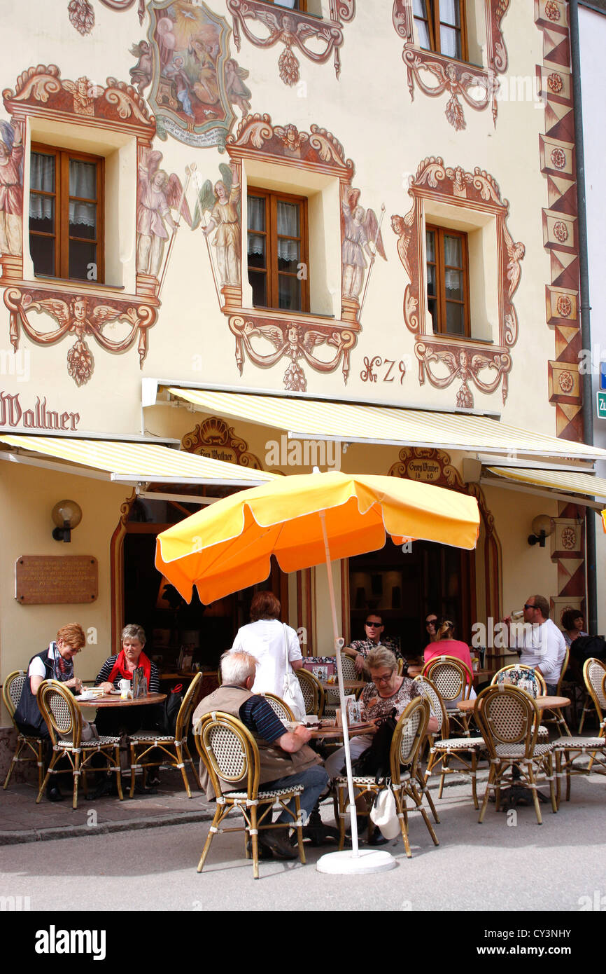 Traditionally painted house and restaurant frontage in the Austrian Tyrol. Stock Photo
