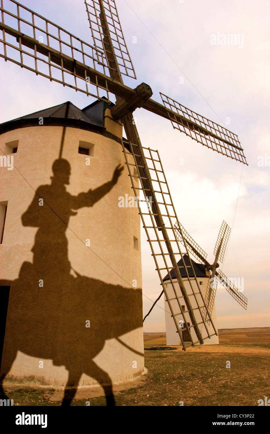 Don Quixote &Rocinante, shadow on windmill. Spain, Stock Photo